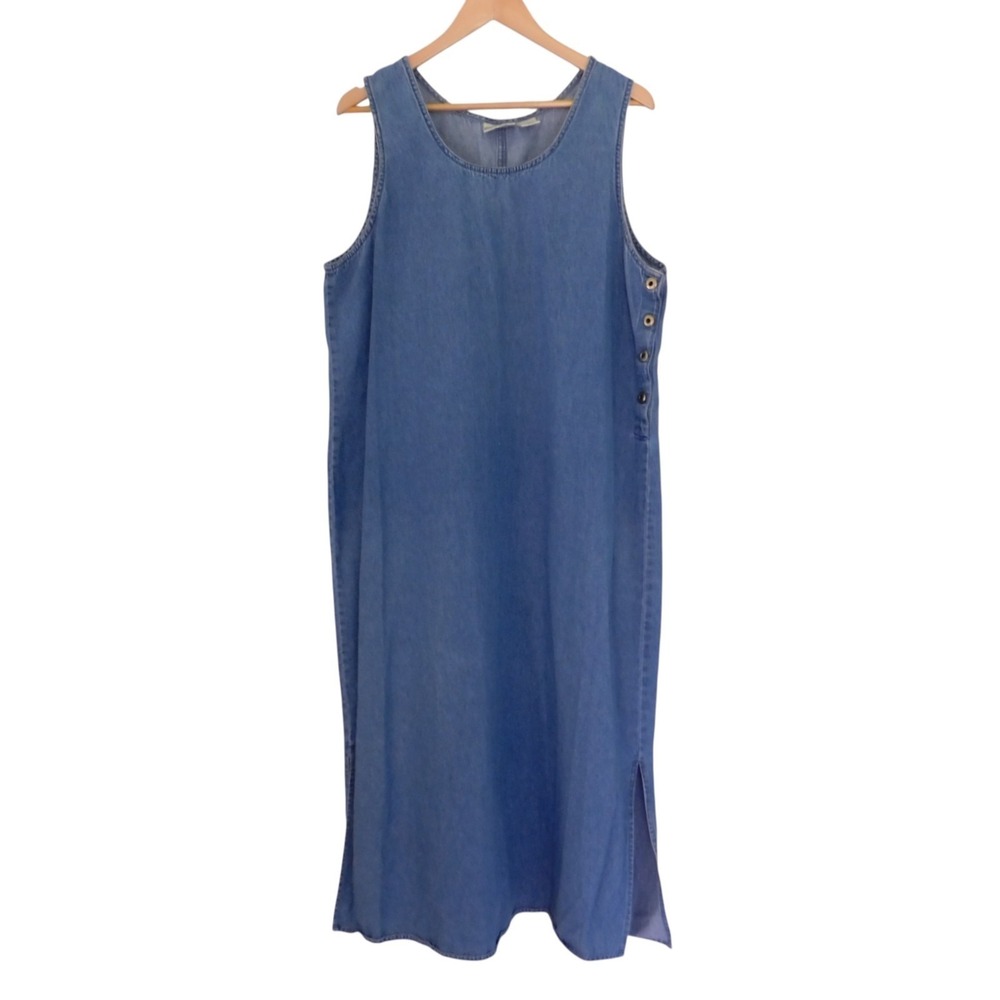Vtg Womens Denim Long‎ Dress Sleeveless Modest Jumper Teacher Size 18W Buttons
